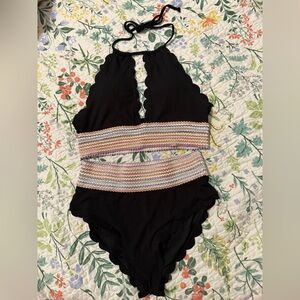 Black Scallop Swimsuit with Multicolor Waistband